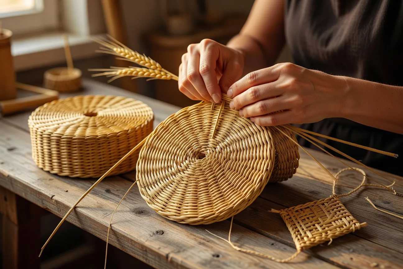Mains d'une femme tissant de la paille de seigle en spirale, avec une boîte de paille et un ornement en losange posés sur l'établi