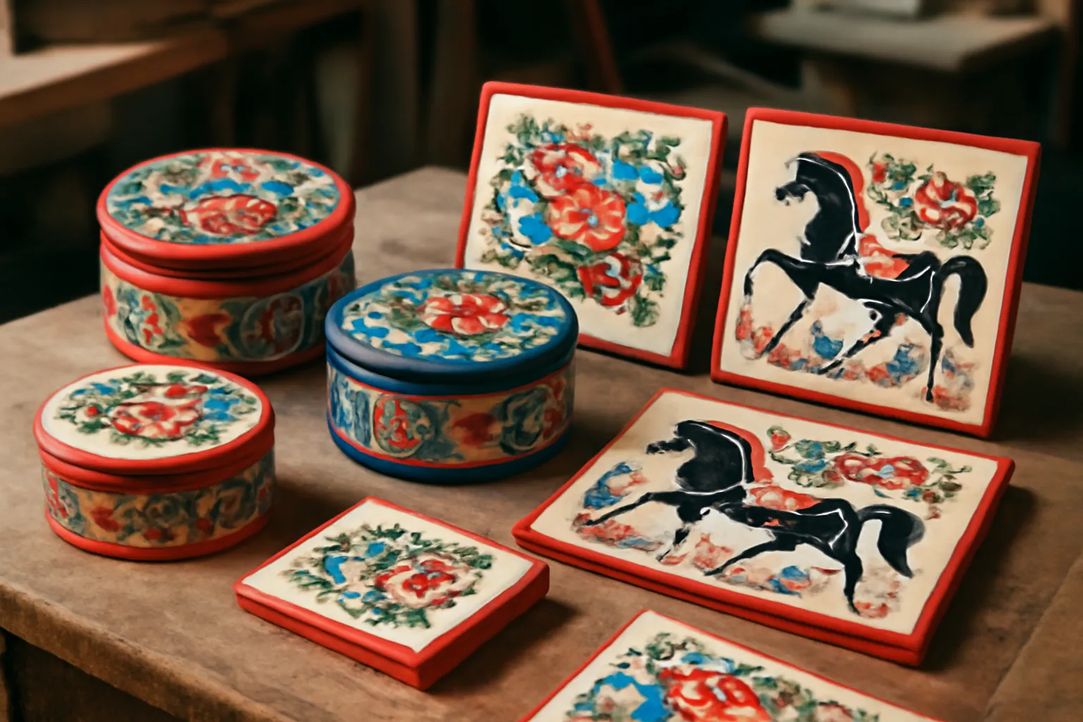 Collection de boîtes et de panneaux peints dans le style Gorodets aux couleurs vives