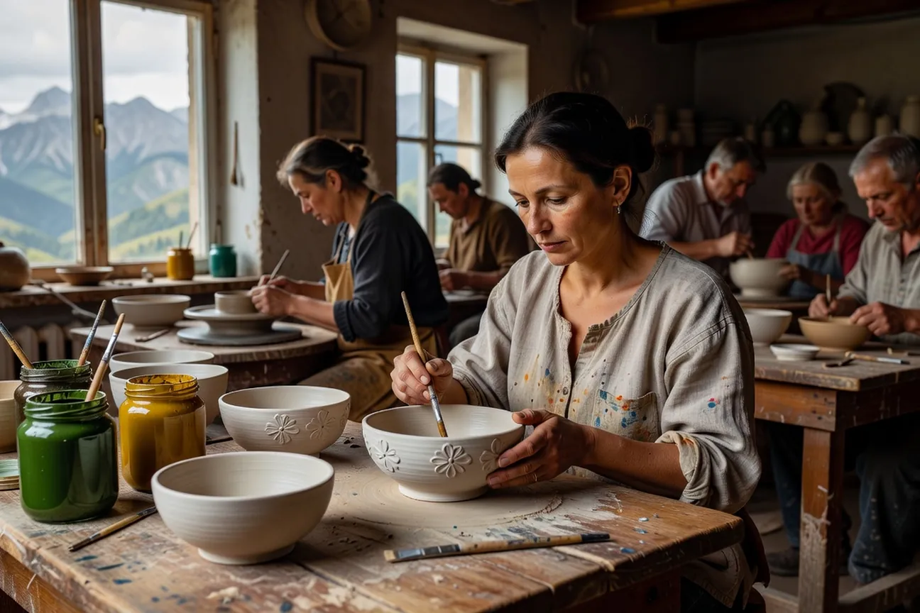 Potière ukrainienne houtsoule peignant des motifs floraux sur des bols couverts d'engobe blanc dans son atelier