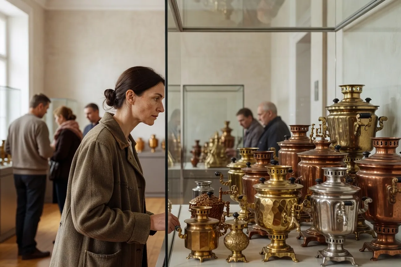 Visiteuse admirant une collection de samovars anciens en cuivre et laiton nickelé dans un musée