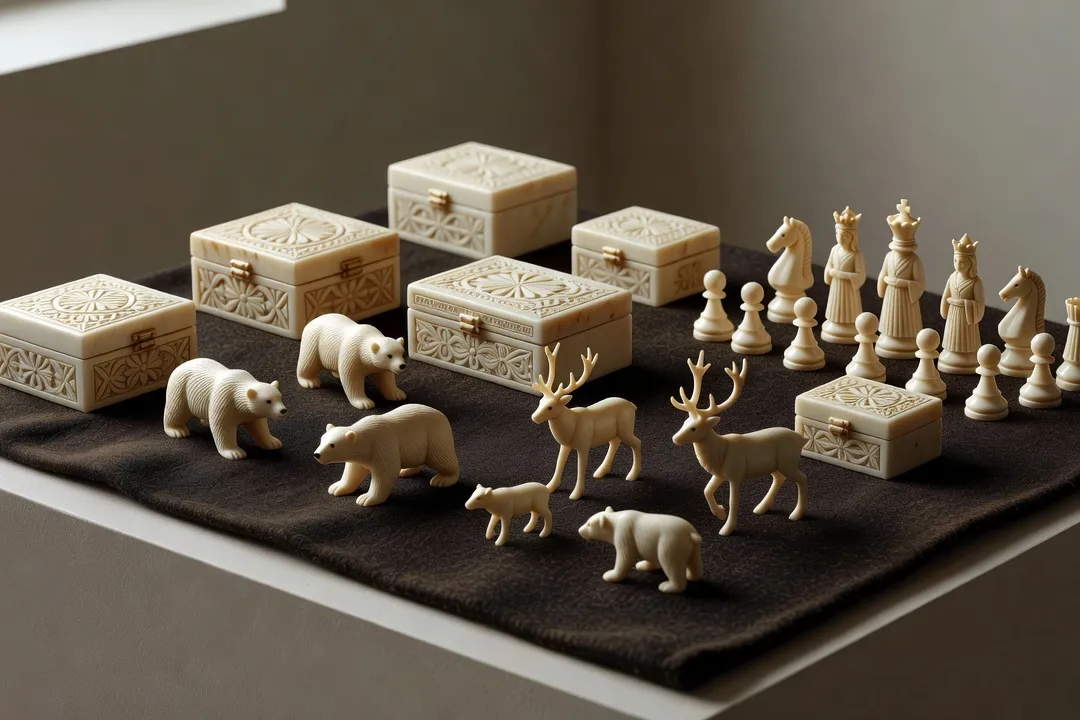 Atelier de sculpture sur os à Kholmogory, outils traditionnels et matières premières