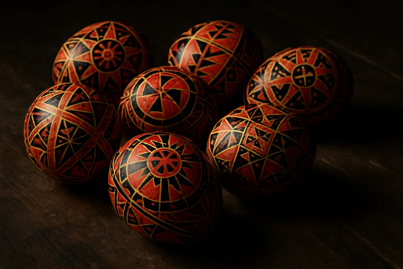 Pysanky ukrainiennes peintes de motifs géométriques rouges et noirs posées sur une table en bois sombre