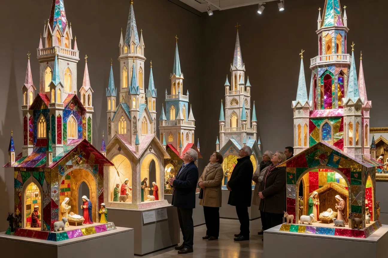 Plusieurs szopki illuminées sont présentées dans un espace d'exposition à Cracovie.
