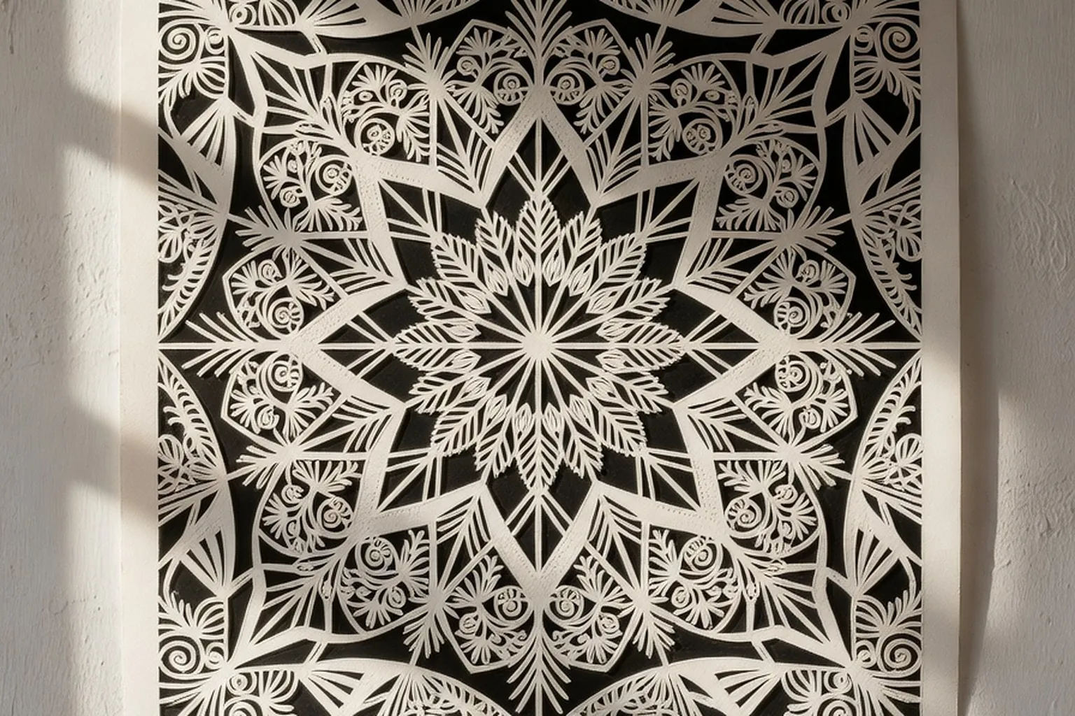 Gwiazda de Kurpie à seize branches, papier noir découpé aux ciseaux à mouton sur fond blanc