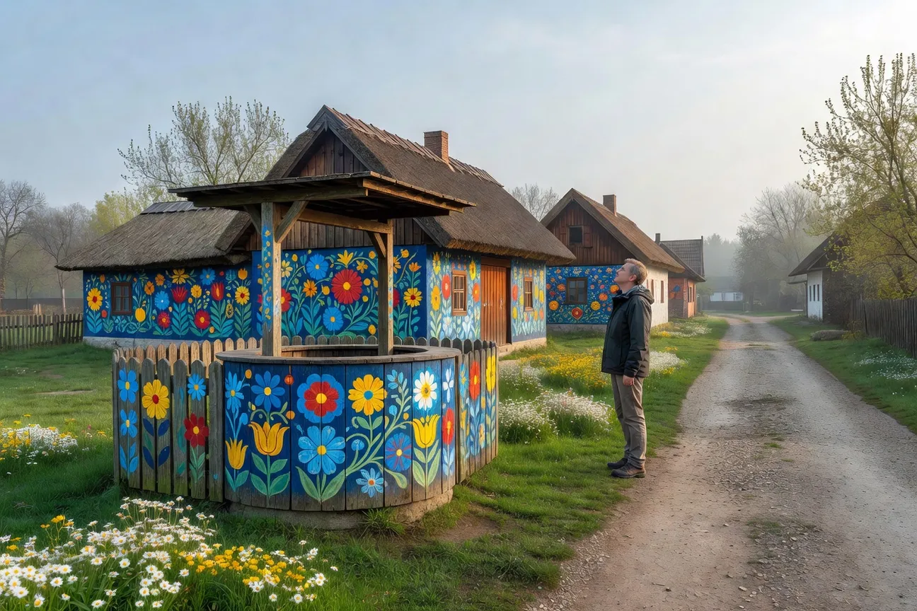 Puits et dépendances de Zalipie ornés de motifs floraux peints dans une cour de village au printemps.
