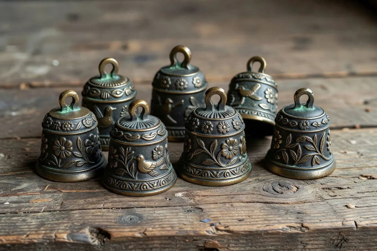 Cloches de Valdaï décorées de motifs floraux et d'oiseaux disposées sur du bois ancien