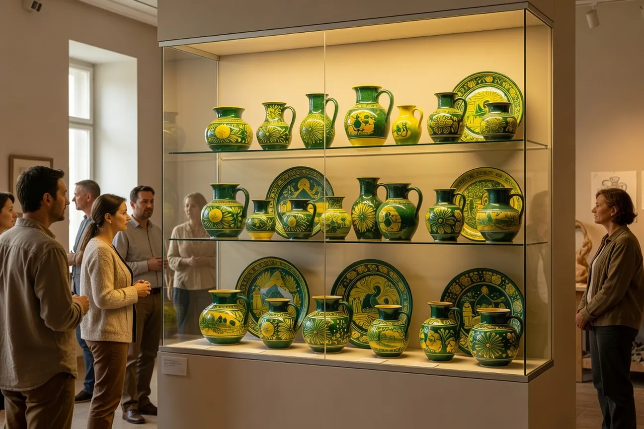 Collection de céramique de Kosiv exposée en vitrine de musée, vases et plats aux décors verts et jaunes