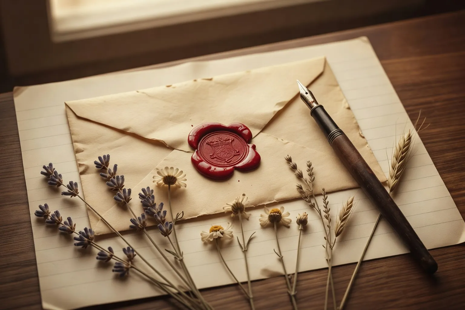 Enveloppe et plume sur carnet