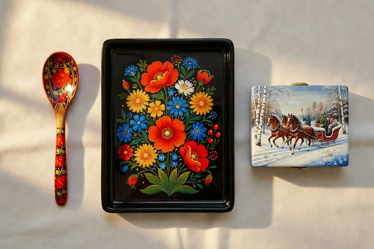 Peinture russe sur bois : Khokhloma, Jostovo, Fedoskino — trois traditions en détail